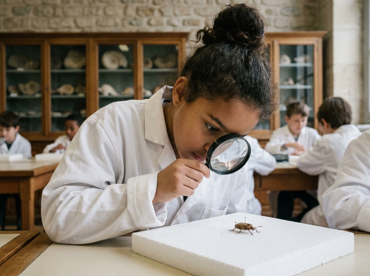 Fillette en blouse blanche examinant un spécimen au microscope lors d'un stage scientifique pendant les vacances à Paris