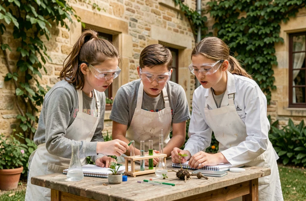 Adolescents réalisant une expérience scientifique en plein air lors d'une colonie thématique Telligo