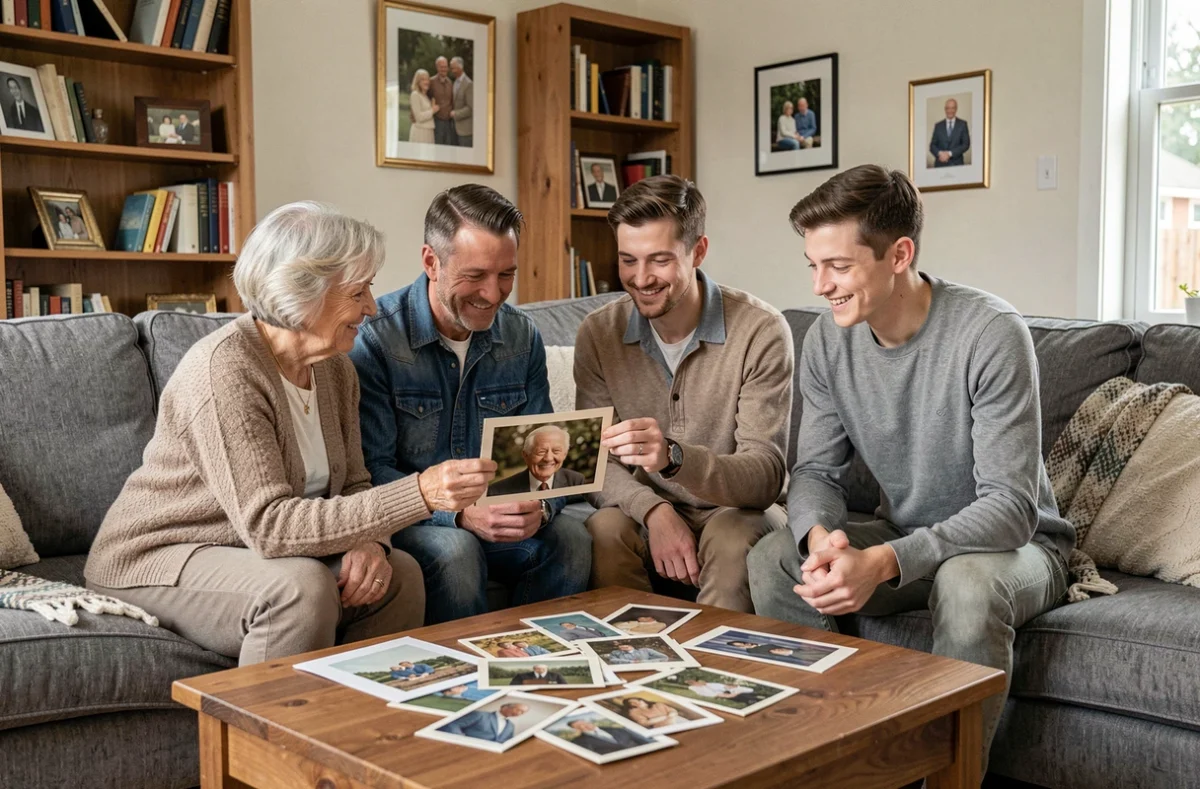 Famille réunie autour de photos de leur grand-père décédé pour partager des souvenirs ensemble