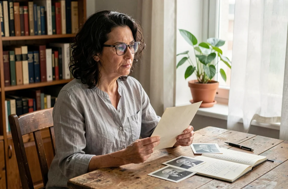 Femme tenant une lettre manuscrite et regardant des photos de son père décédé dans un bureau chaleureux