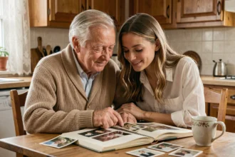 Grand-père et petite-fille partageant des souvenirs autour d'un album photo à la table de cuisine