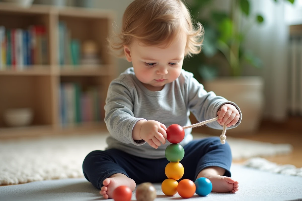 Tout-petit d'environ un an enfilant des perles en bois colorées sur un lacet épais, activité Montessori pour développer la coordination œil-main