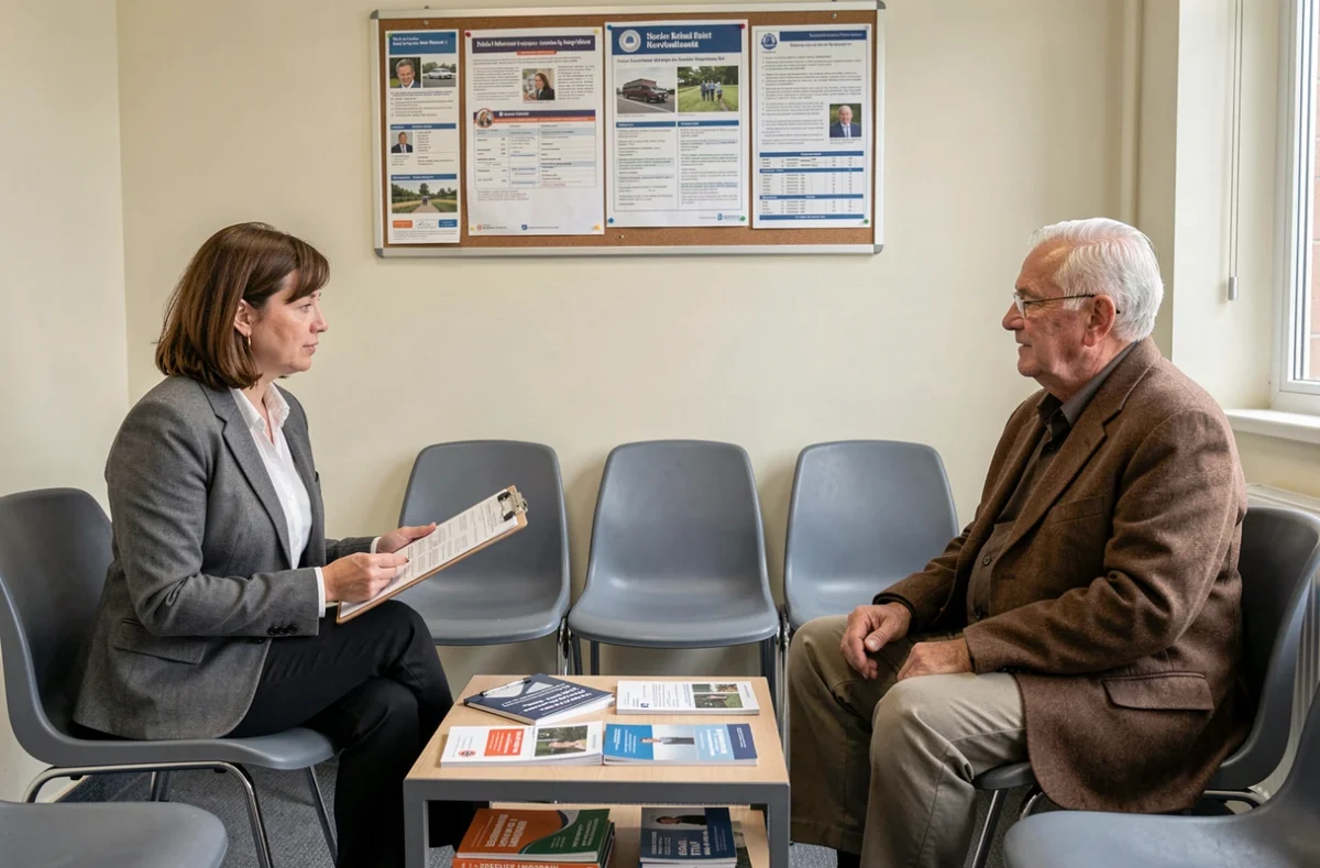 Un travailleur social discute du calcul de l'obligation alimentaire avec un bénéficiaire de l'aide sociale à l'hébergement dans un bureau administratif