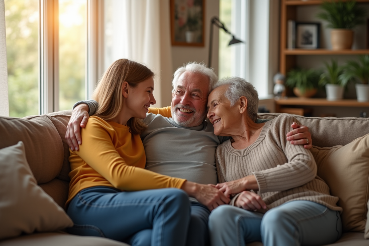 Trois generations d une famille dans un salon chaleureux