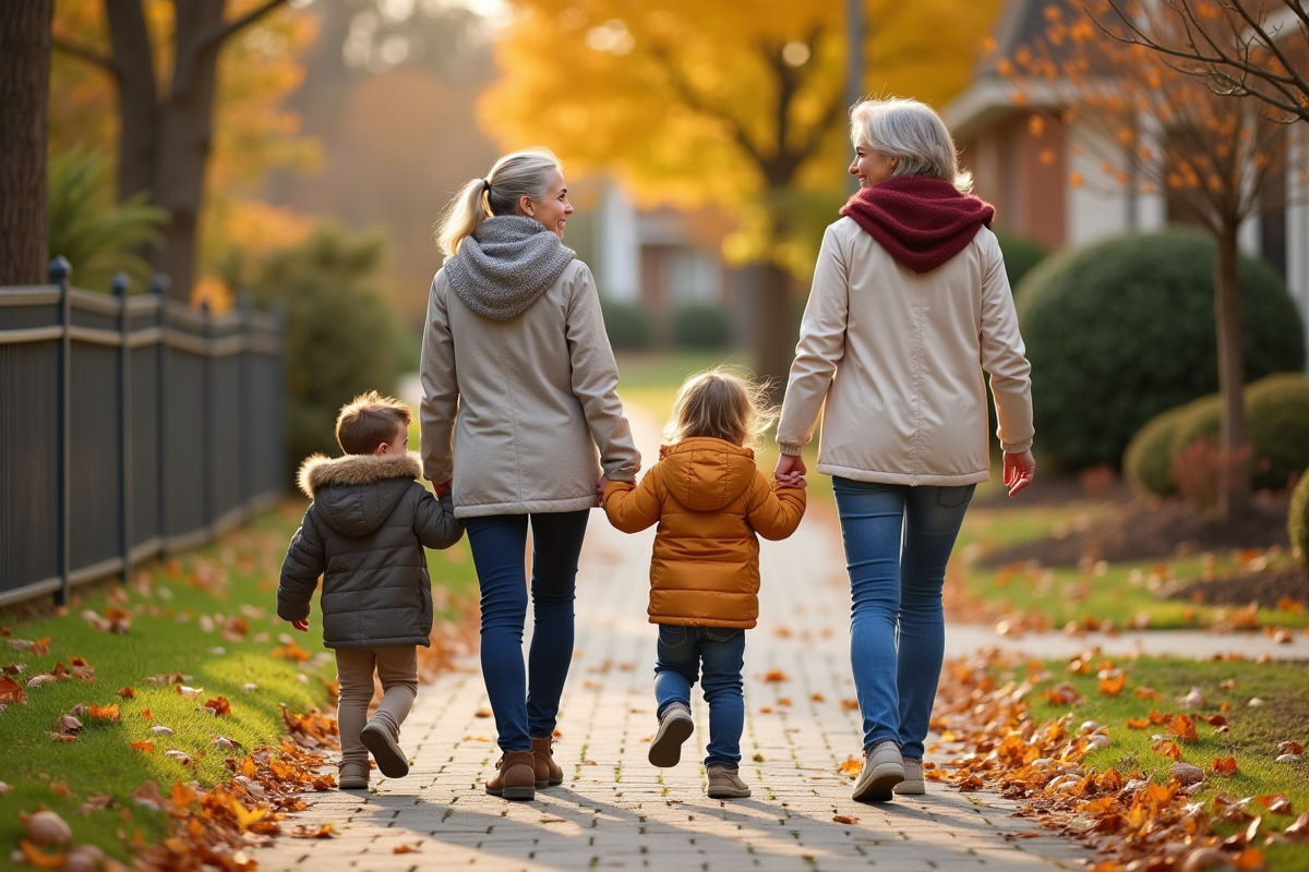 Trois générations marchant main dans la main en automne