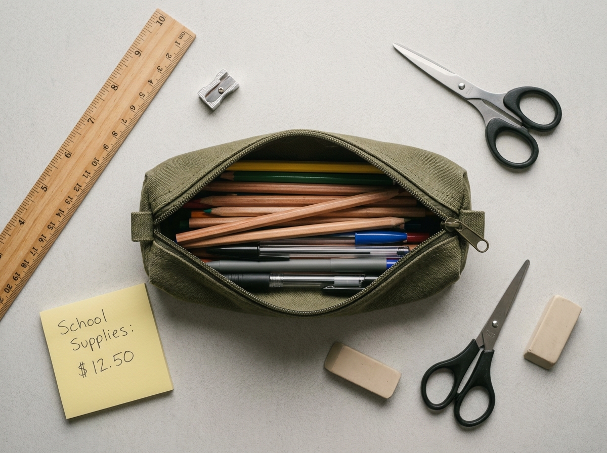 Vue de dessus d'une trousse scolaire ouverte avec des fournitures essentielles et un budget noté sur un pense-bête