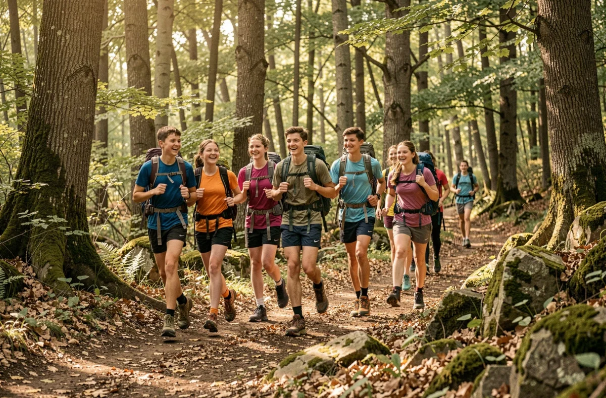 Adolescents en randonnée sportive en forêt lors d'une colonie UFCV sport et nature en Centre-Val de Loire