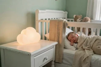 Veilleuse lumineuse en forme de nuage posée sur une table de nuit en bois blanc près d'un bébé endormi dans une chambre apaisante