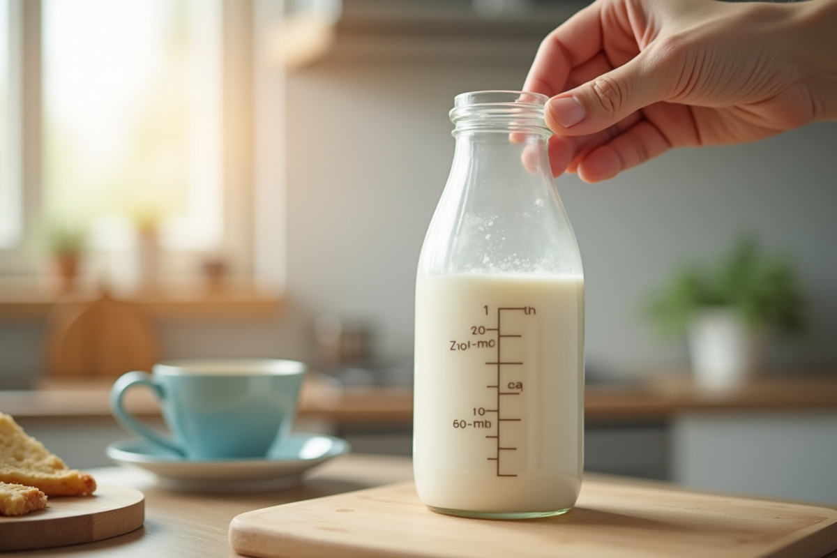 Main versant du lait dans une bouteille plastique avec lignes de mesure