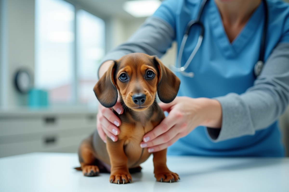 Vétérinaire examinant un jeune chiot dachshund dans une clinique