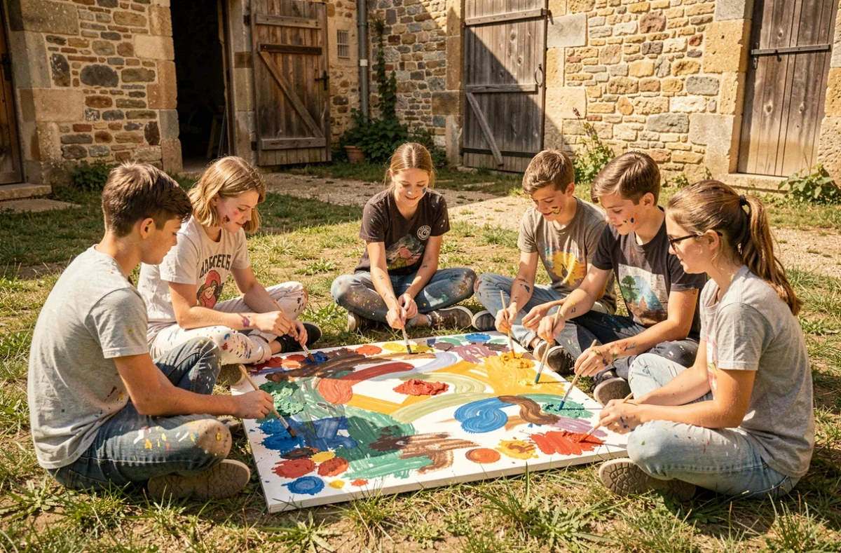 Jeunes créant collectivement une fresque lors d'une colonie participative et créative Vitacolo