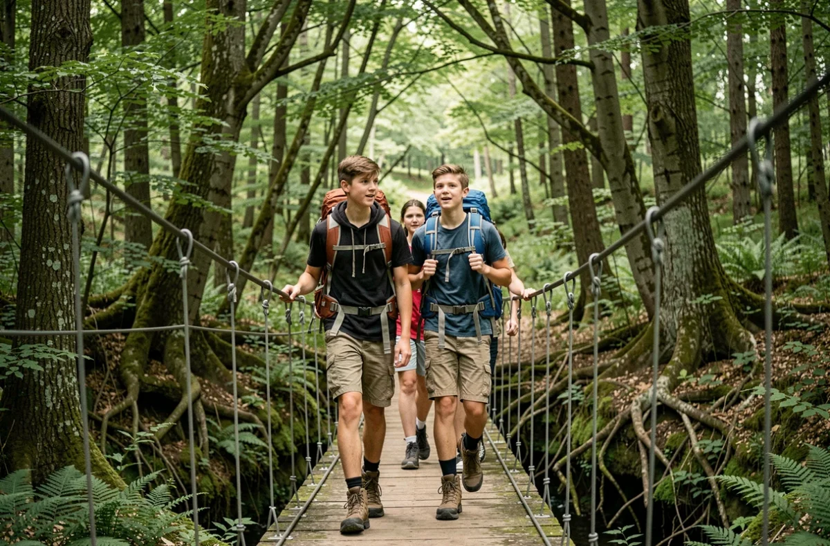 Jeunes traversant un pont de corde en forêt lors d'un séjour nature et aventure Wakanga
